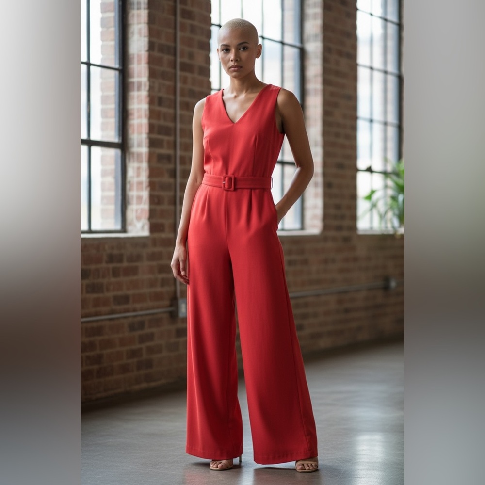 Antonio Melani Belted Wide Leg Jumpsuit Red Parfait Size 14 NWT